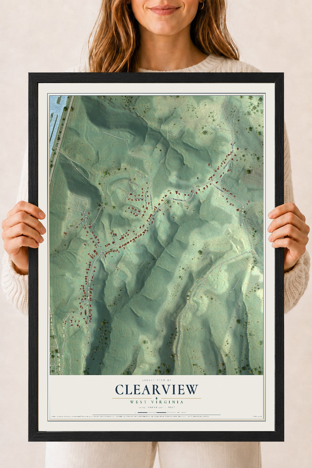 Map of Clearview, West Virginia, 18 x 24 inch print in a black wood frame