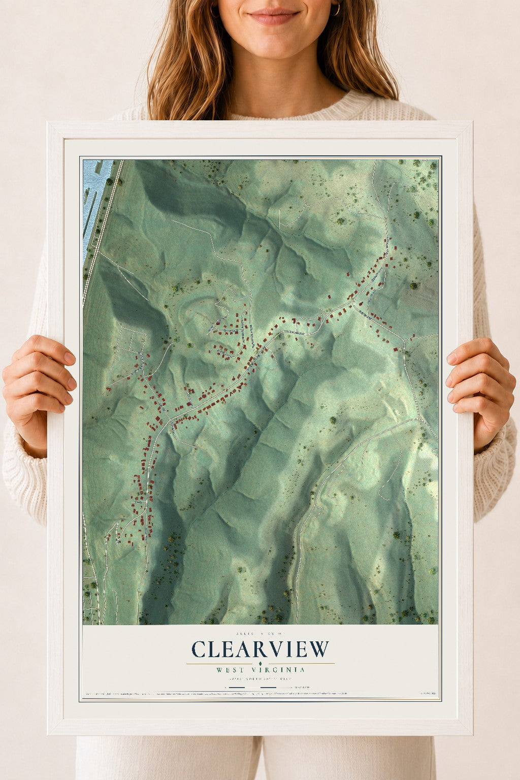Map of Clearview, West Virginia, 18 x 24 inch print in a white wood frame
