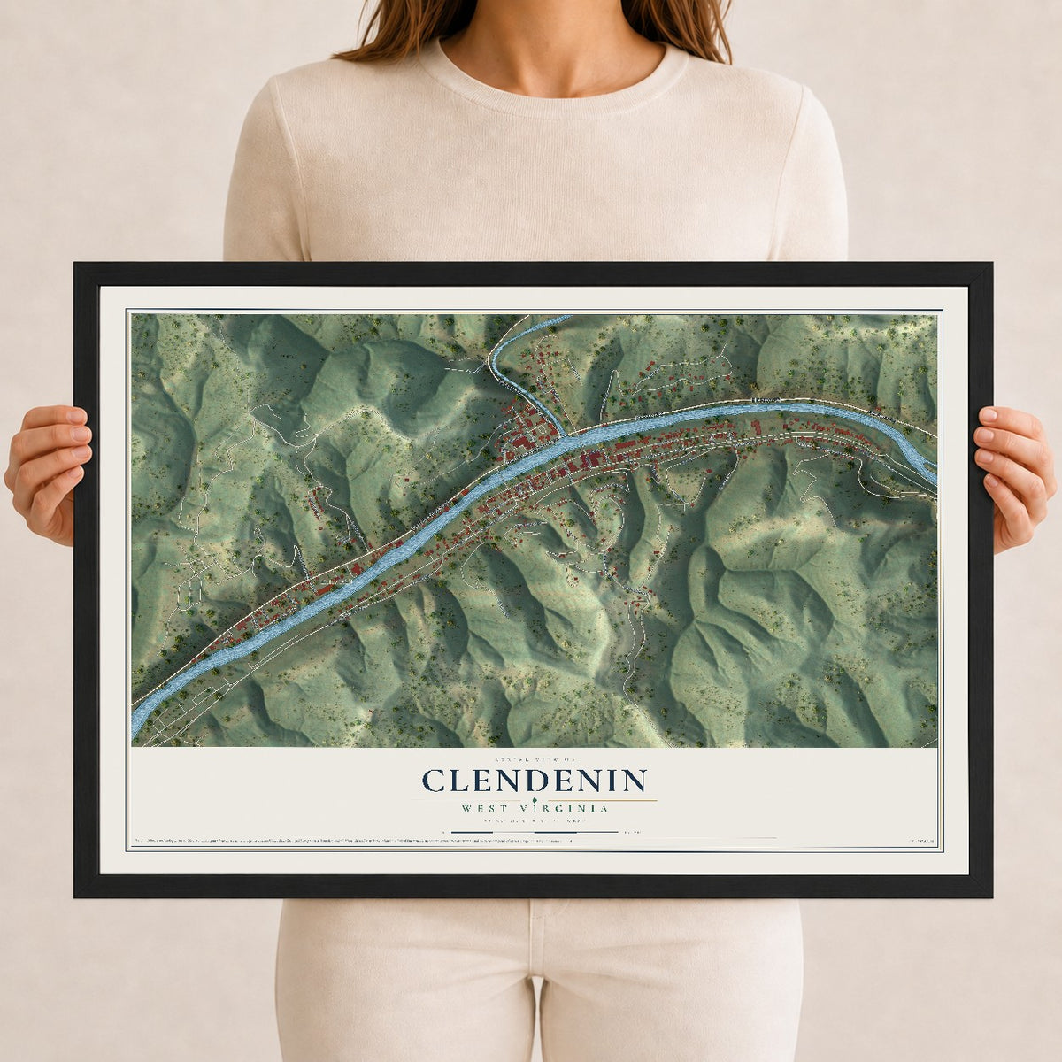 Map of Clendenin, West Virginia, 12 x 18 inch print in a black wood frame