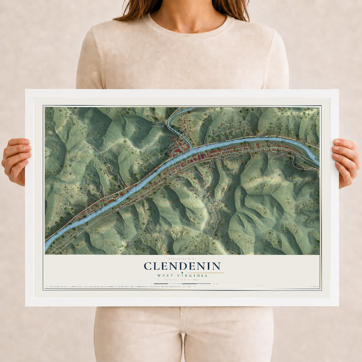 Map of Clendenin, West Virginia, 12 x 18 inch print in a white wood frame