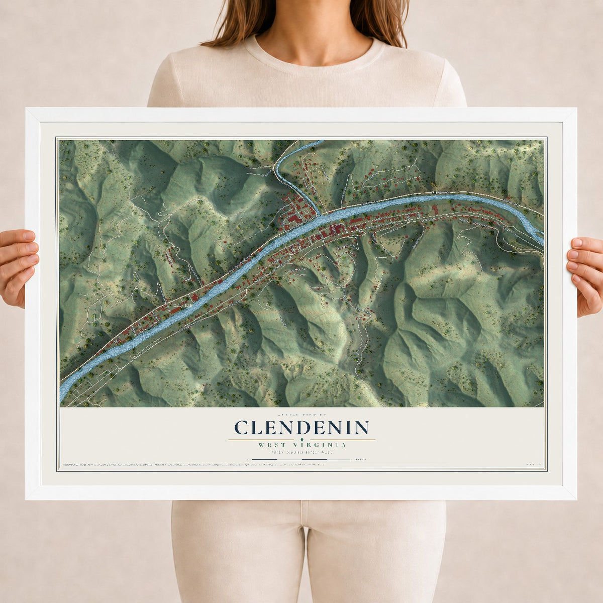 Map of Clendenin, West Virginia, 18 x 24 inch print in a white wood frame