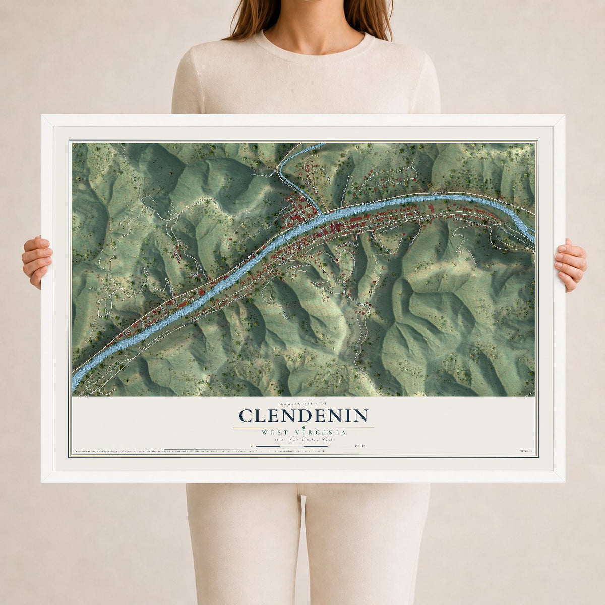 Map of Clendenin, West Virginia, 24 x 36 inch print in a white wood frame