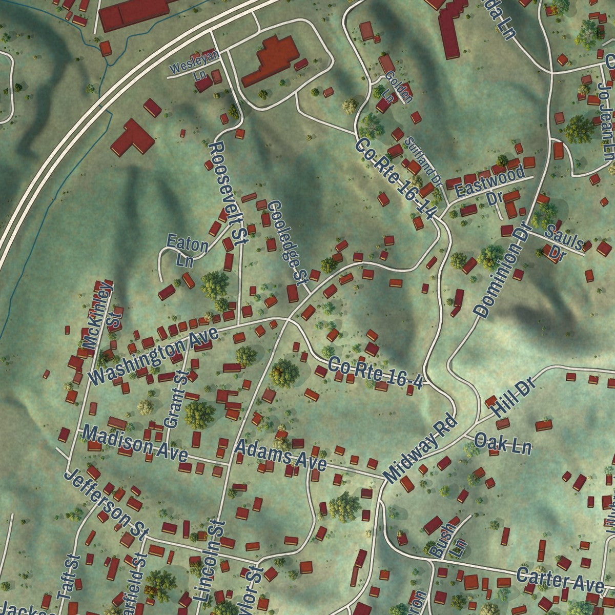 Close-up of the map of Crab Orchard, West Virginia print showing street and building detail