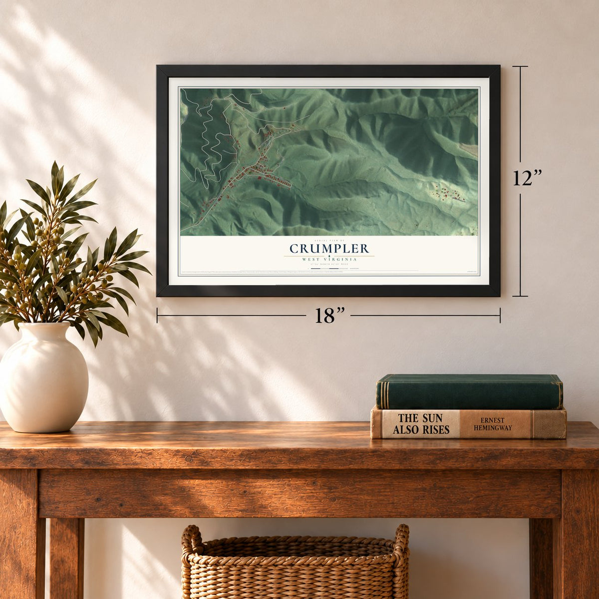 Crumpler, West Virginia map, 12 x 18 inch print in a black frame in an entryway