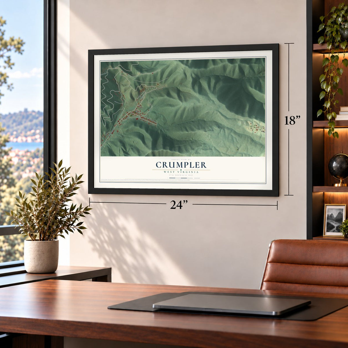 Crumpler, West Virginia map, 18 x 24 inch print in a black frame in a home office