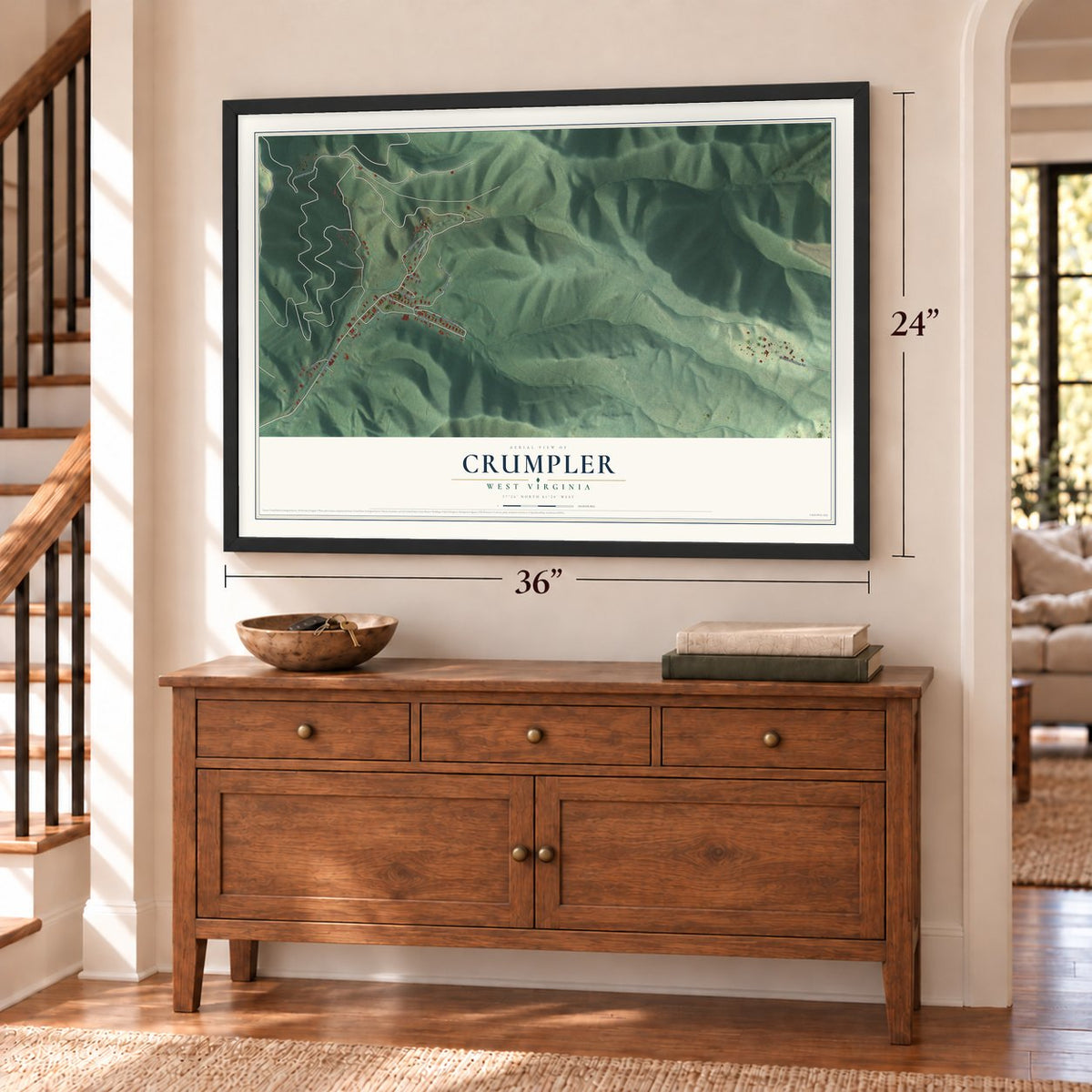 Crumpler, West Virginia map, 24 x 36 inch print in a black frame above a dresser by a staircase