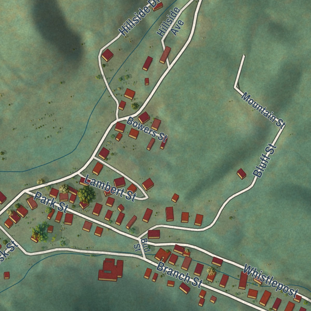 Close-up of the map of Crumpler, West Virginia print showing street and building detail