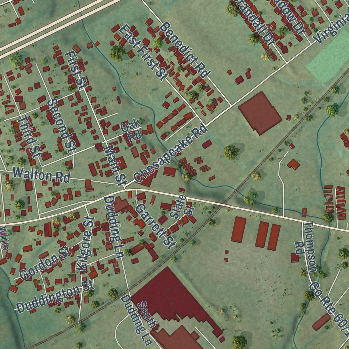 Close-up of the map of Culloden, West Virginia print showing street and building detail