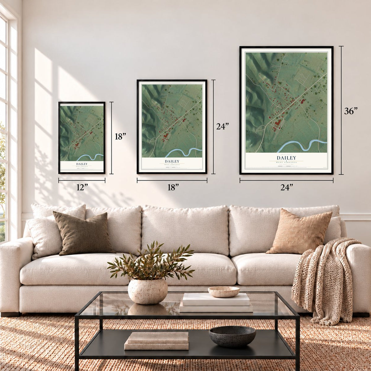 Dailey, West Virginia map in 12 x 18, 18 x 24 and 24 x 36 inch sizes above a sofa