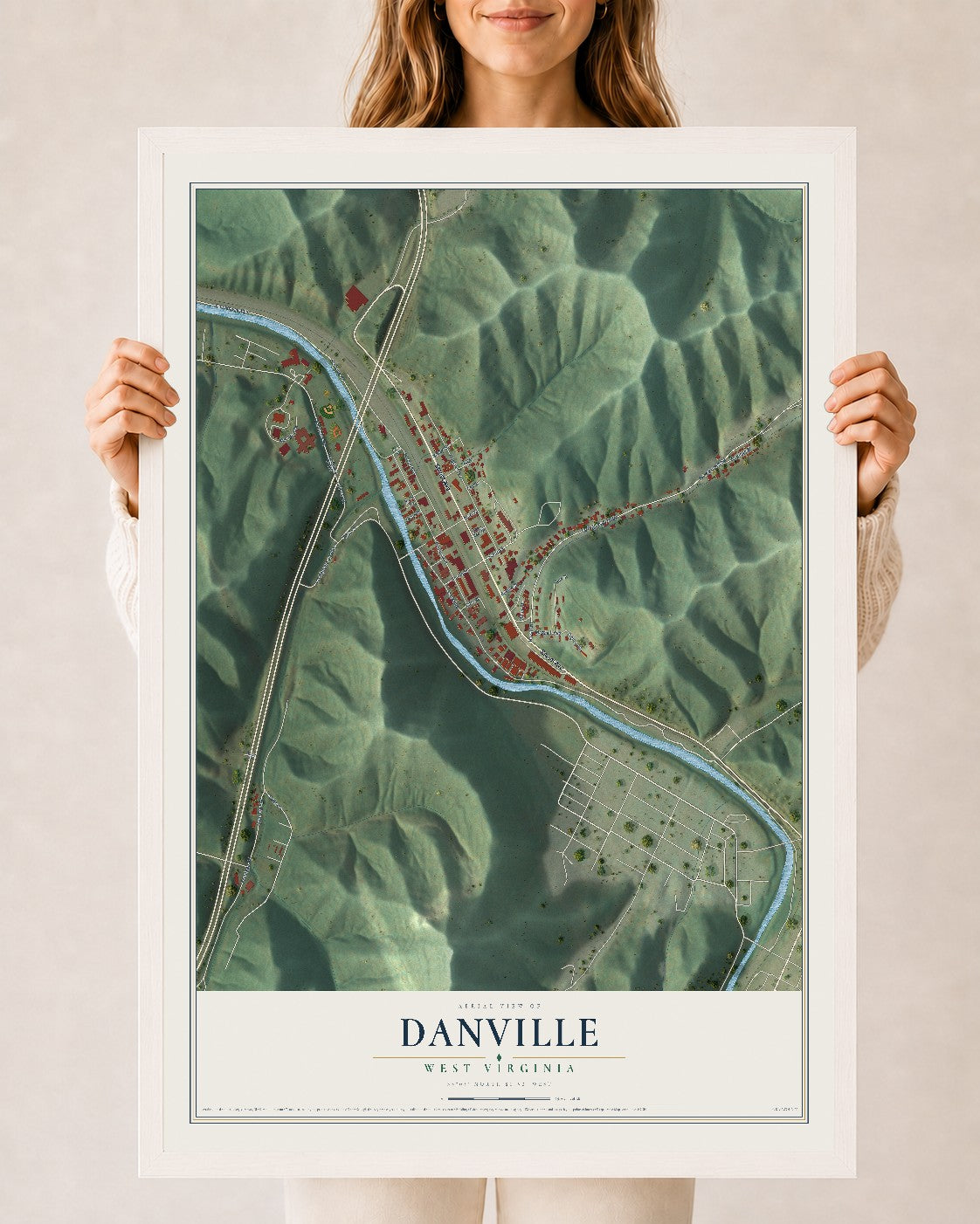 Map of Danville, West Virginia, 24 x 36 inch print in a white wood frame