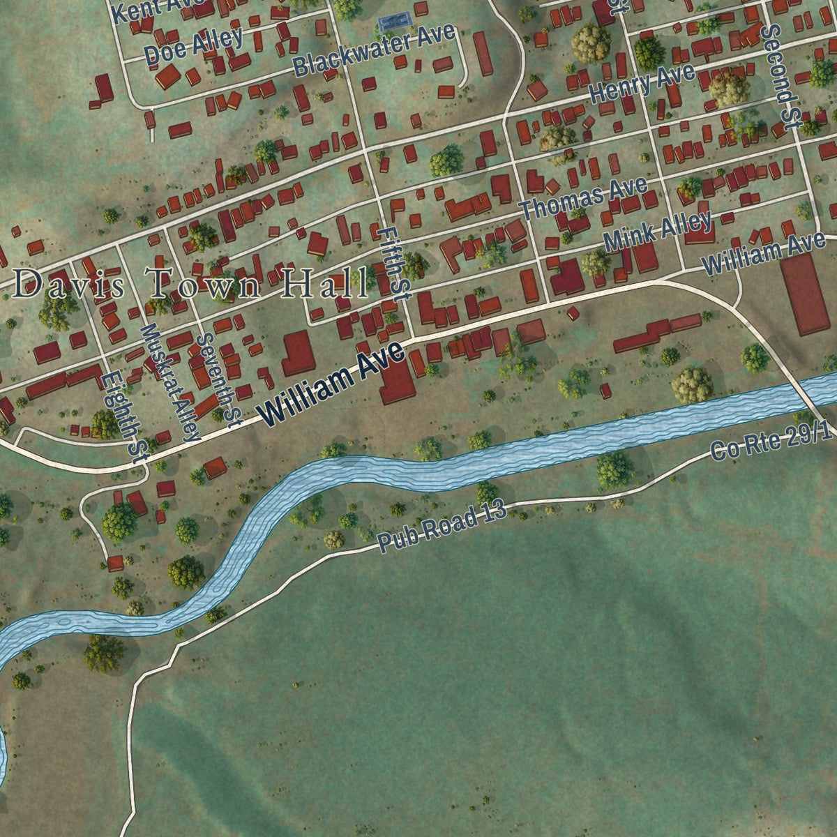 Close-up of the map of Davis, West Virginia print showing street and building detail