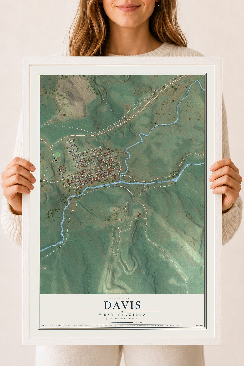 Map of Davis, West Virginia, 18 x 24 inch print in a white wood frame