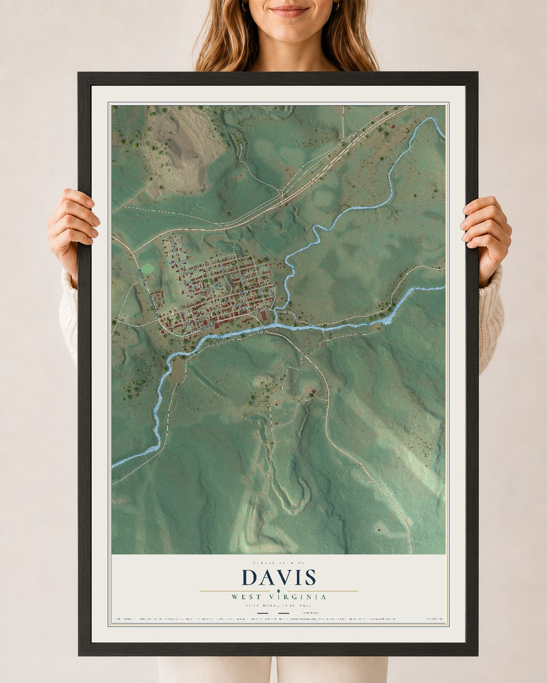 Map of Davis, West Virginia, 24 x 36 inch print in a black wood frame