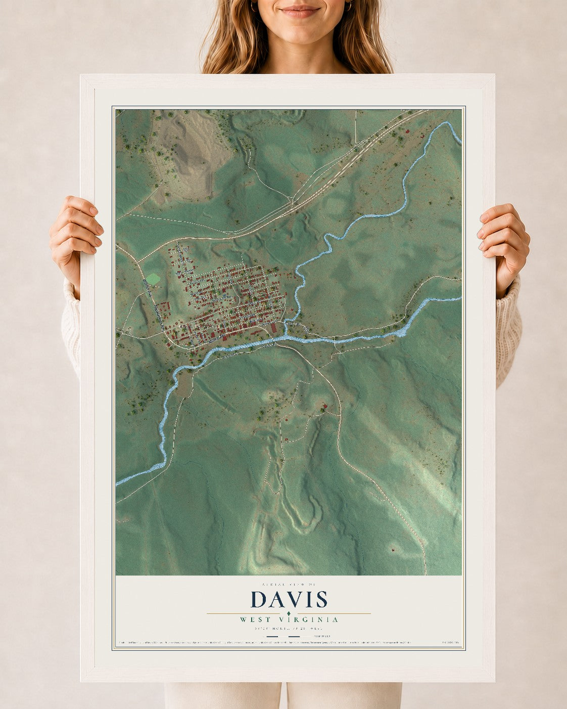 Map of Davis, West Virginia, 24 x 36 inch print in a white wood frame