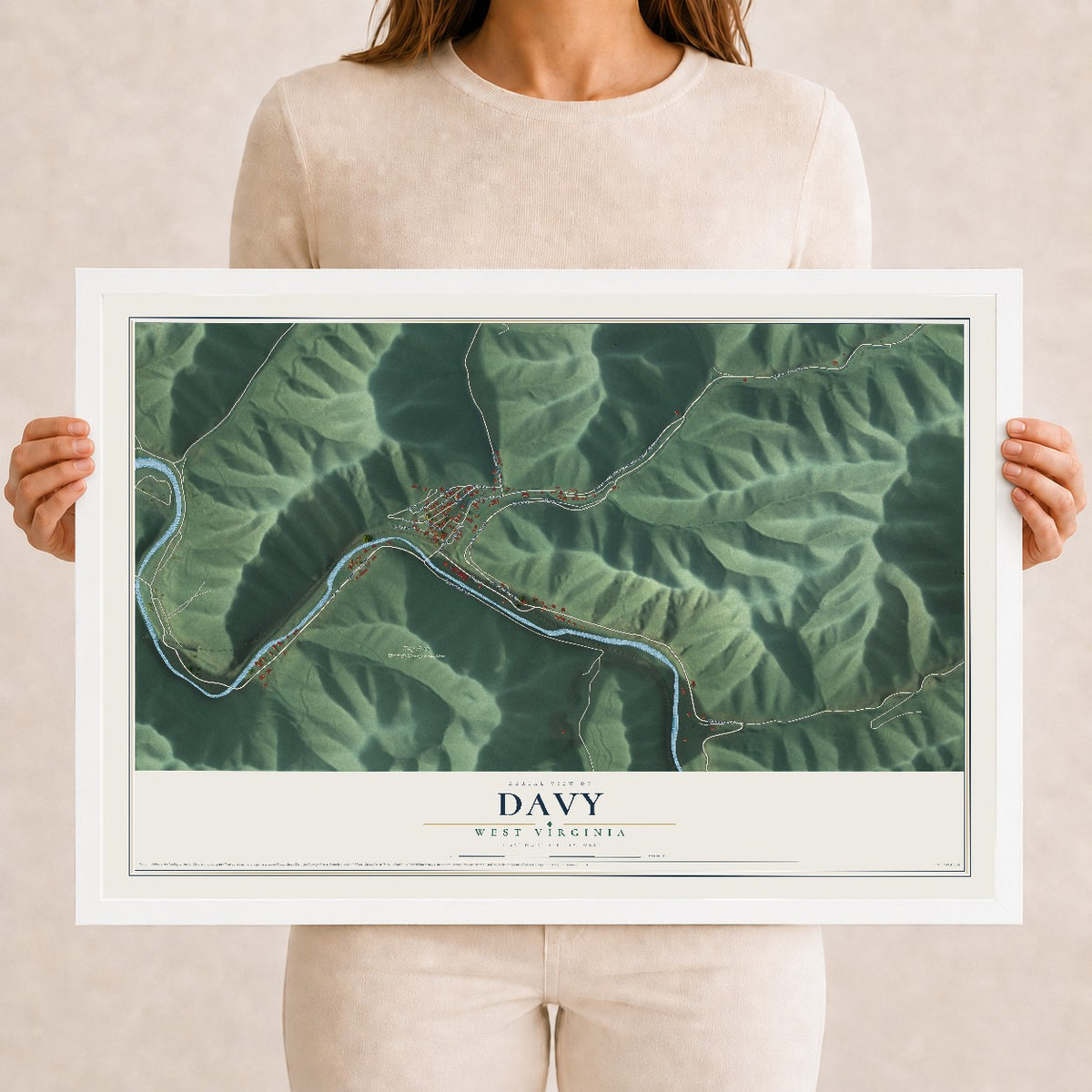 Map of Davy, West Virginia, 12 x 18 inch print in a white wood frame