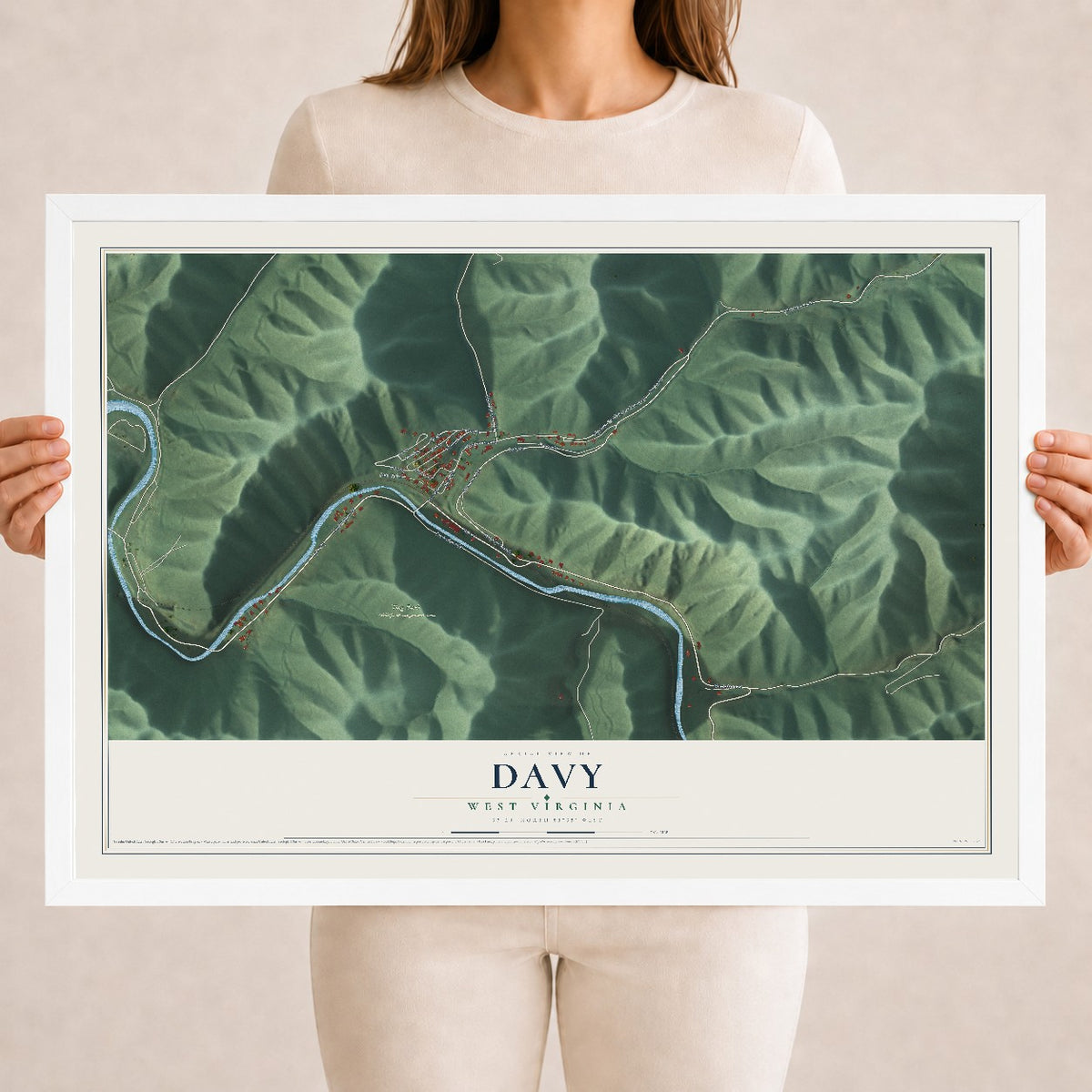 Map of Davy, West Virginia, 18 x 24 inch print in a white wood frame