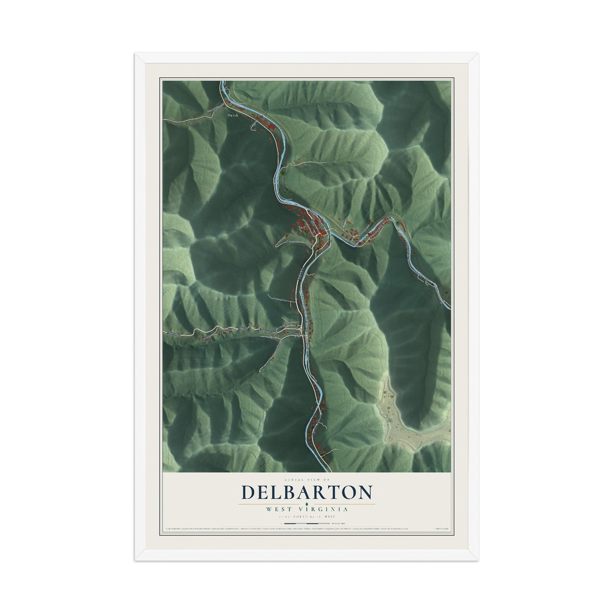 Map of Delbarton, West Virginia, 12 x 18 inch print in a white wood frame