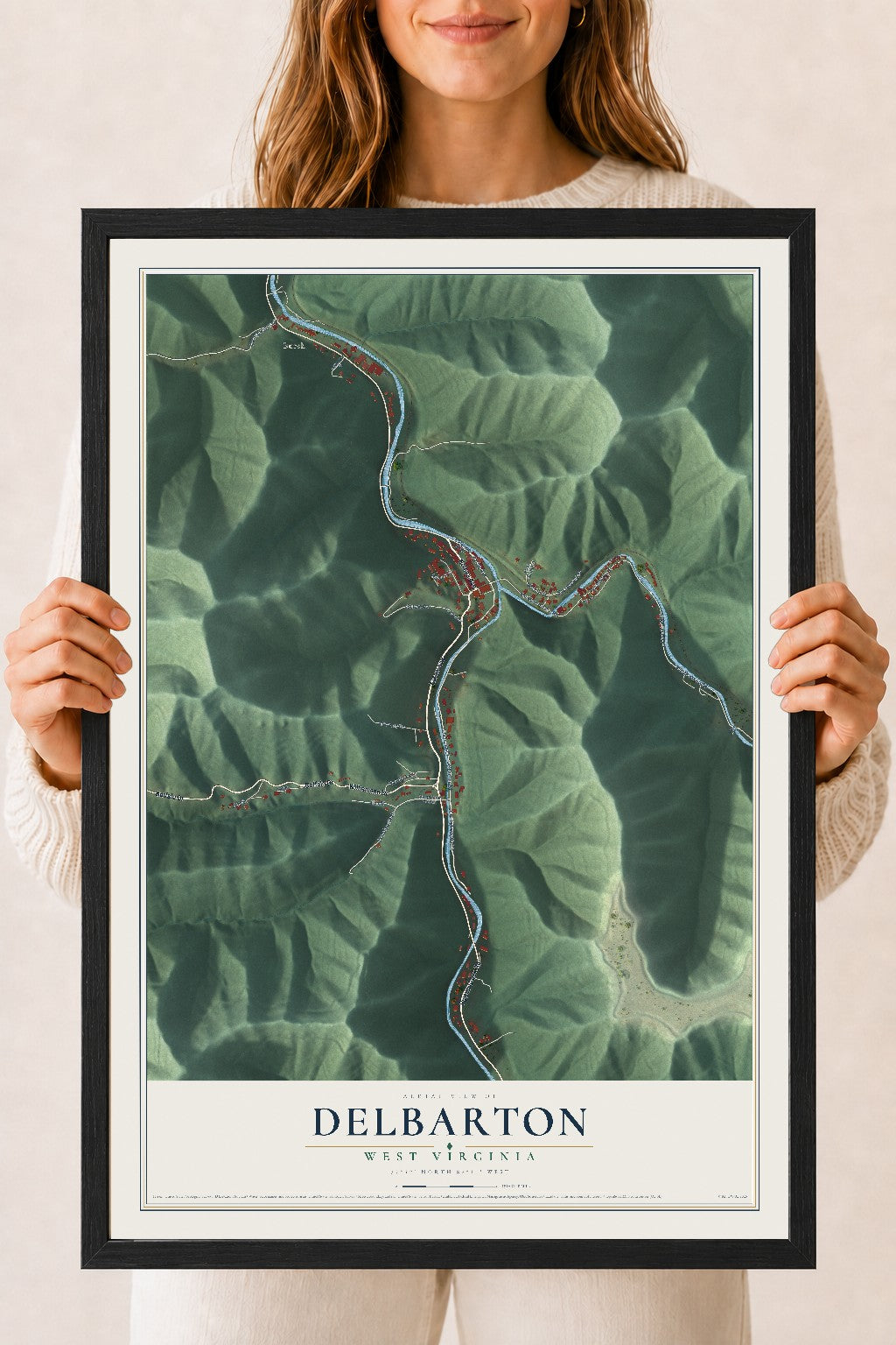 Map of Delbarton, West Virginia, 18 x 24 inch print in a black wood frame