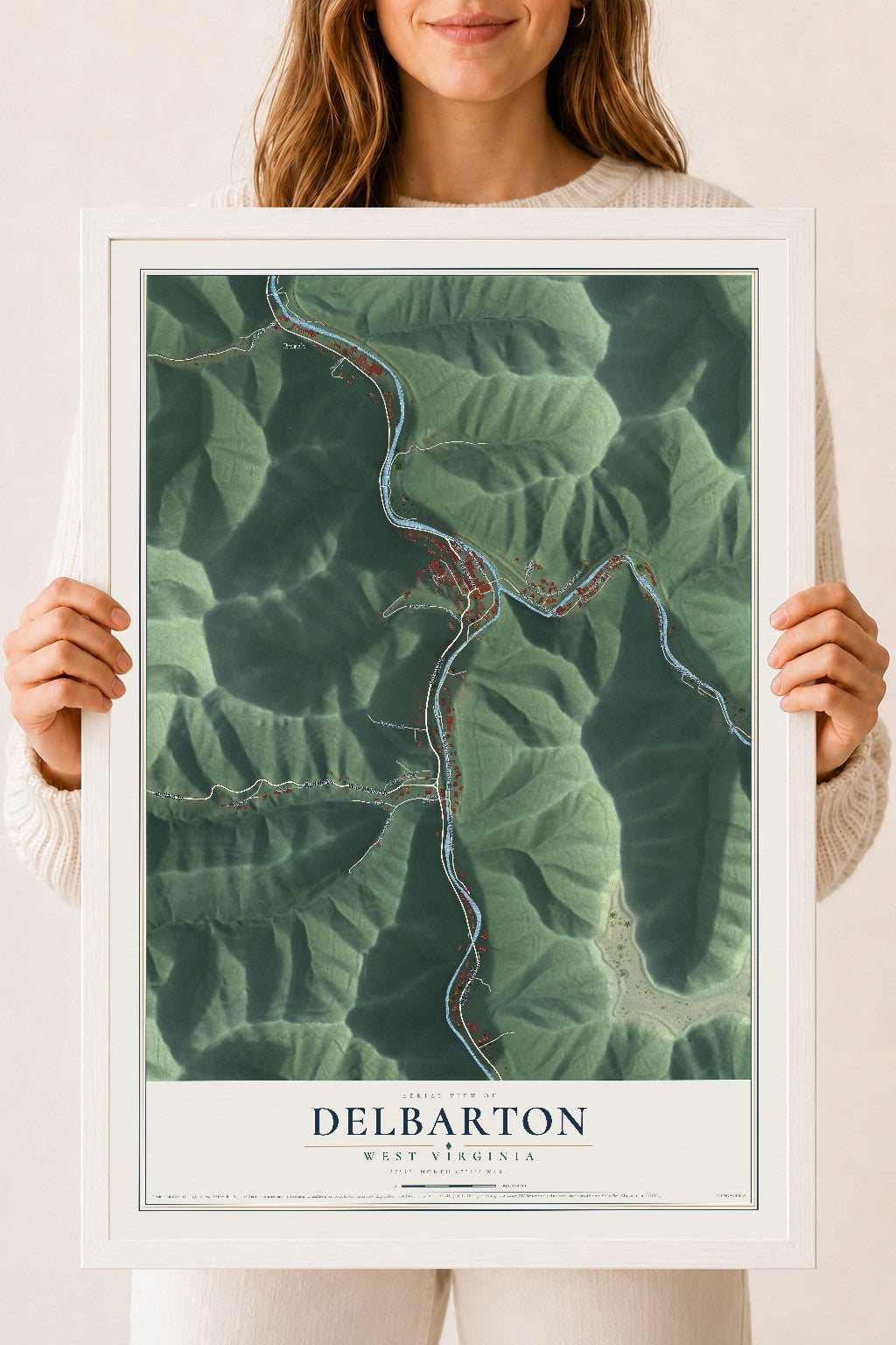 Map of Delbarton, West Virginia, 18 x 24 inch print in a white wood frame