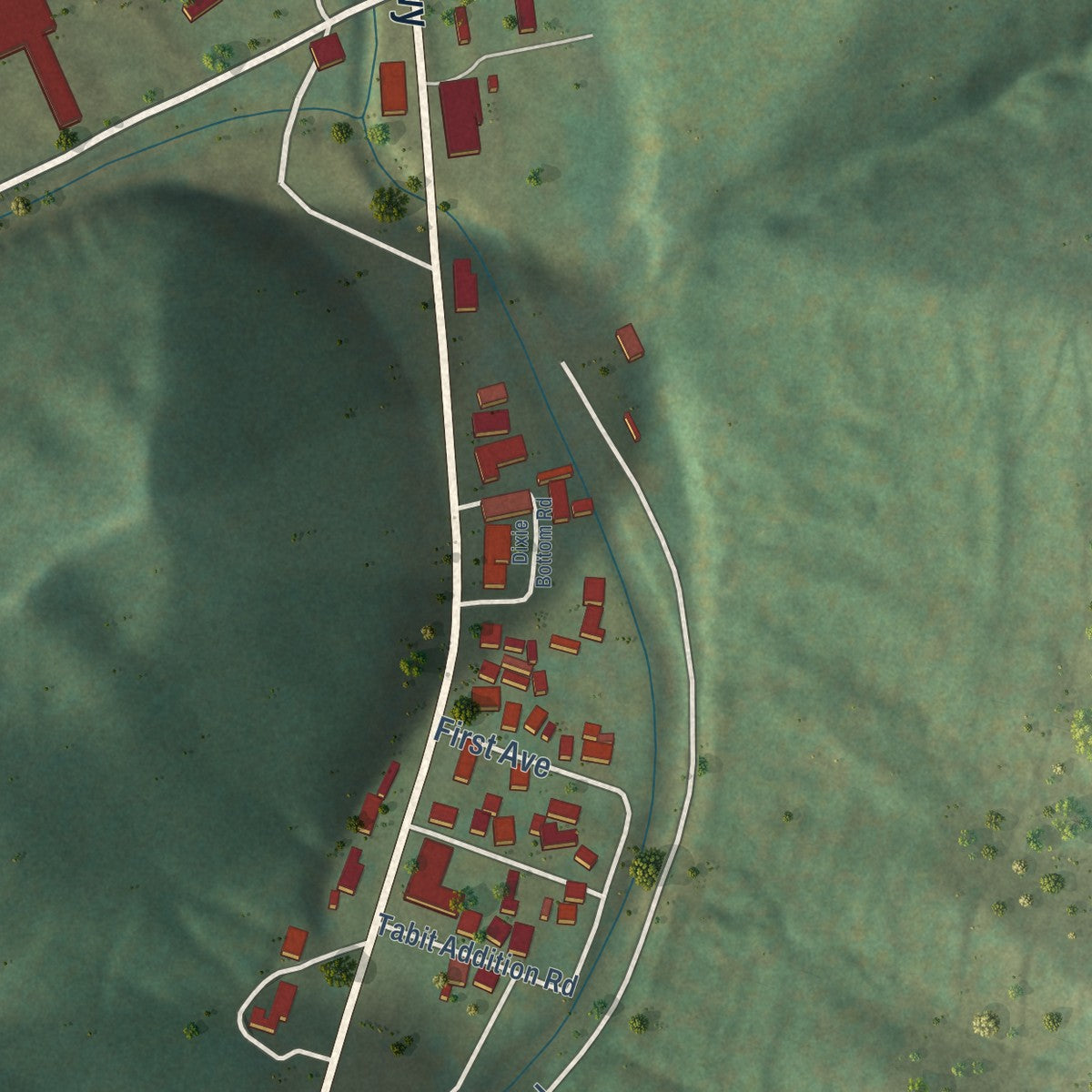 Close-up of the map of Dixie, West Virginia print showing street and building detail