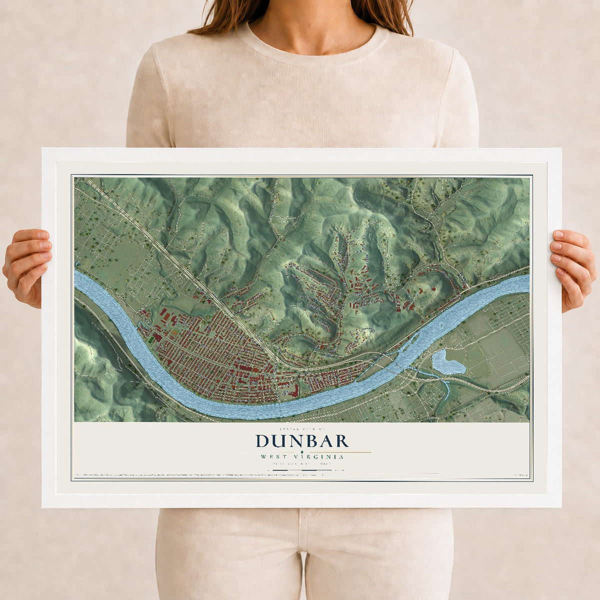 Map of Dunbar, West Virginia, 12 x 18 inch print in a white wood frame