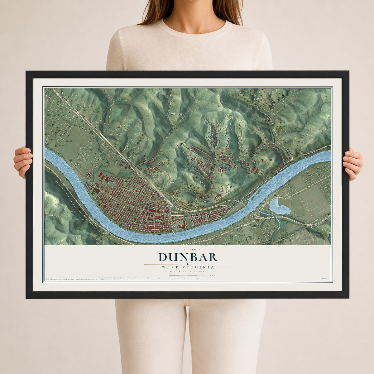Map of Dunbar, West Virginia, 24 x 36 inch print in a black wood frame