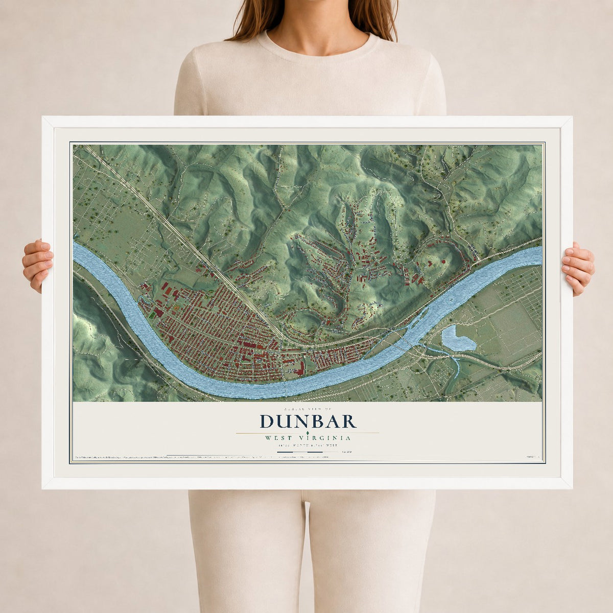 Map of Dunbar, West Virginia, 24 x 36 inch print in a white wood frame