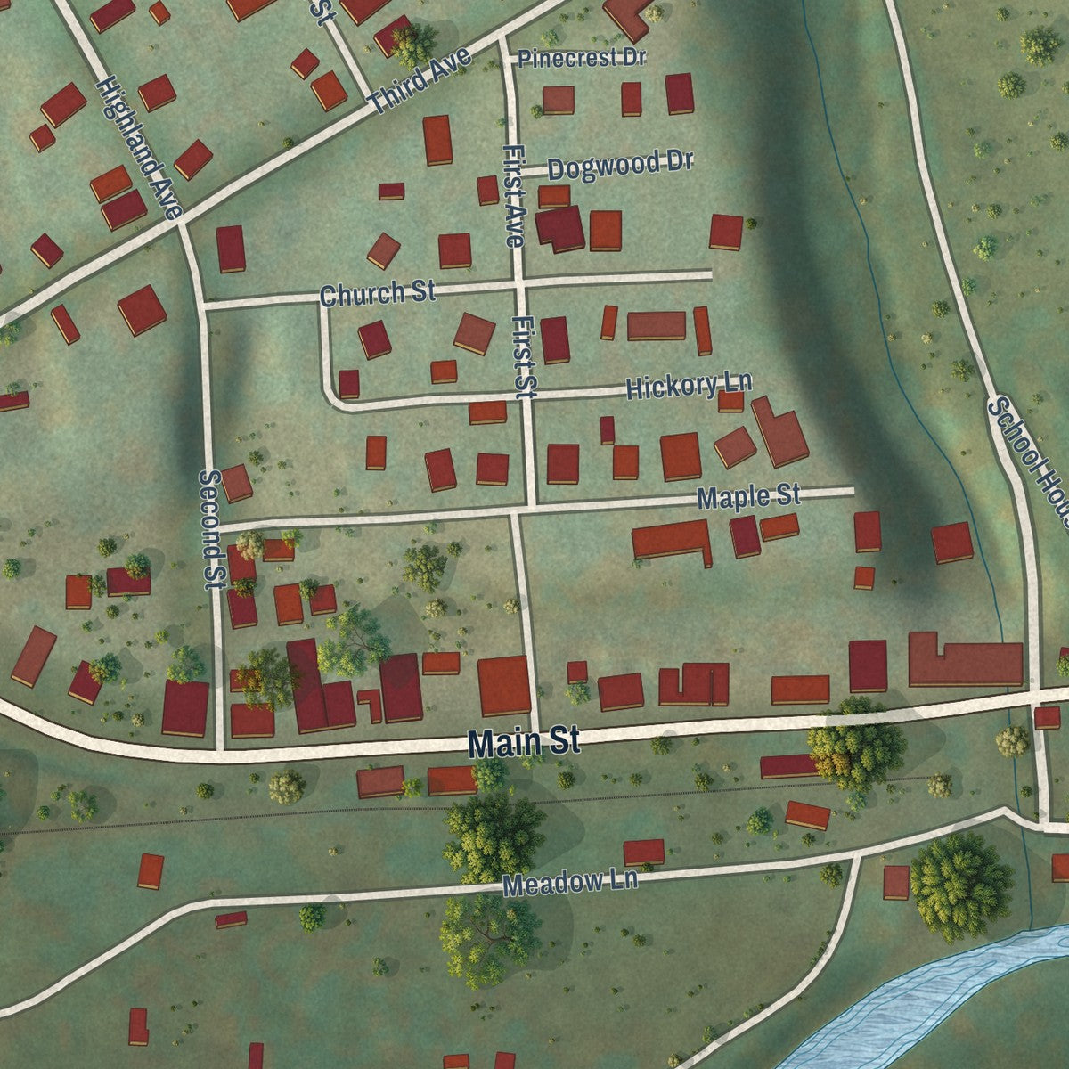 Close-up of the map of Durbin, West Virginia print showing street and building detail