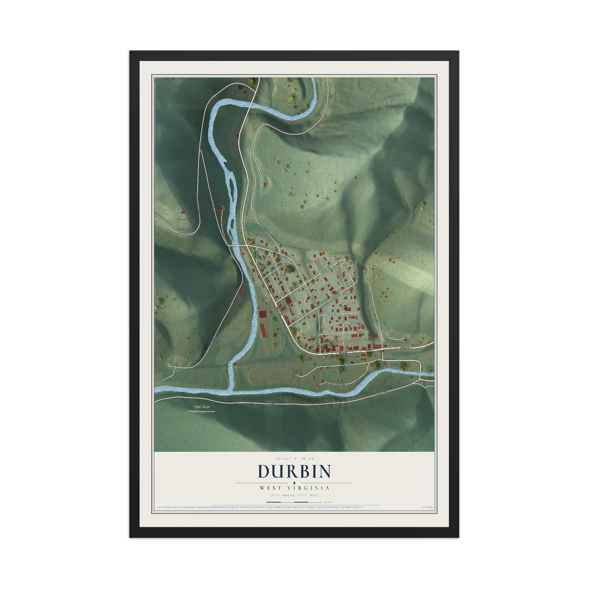 Map of Durbin, West Virginia, 12 x 18 inch print in a black wood frame