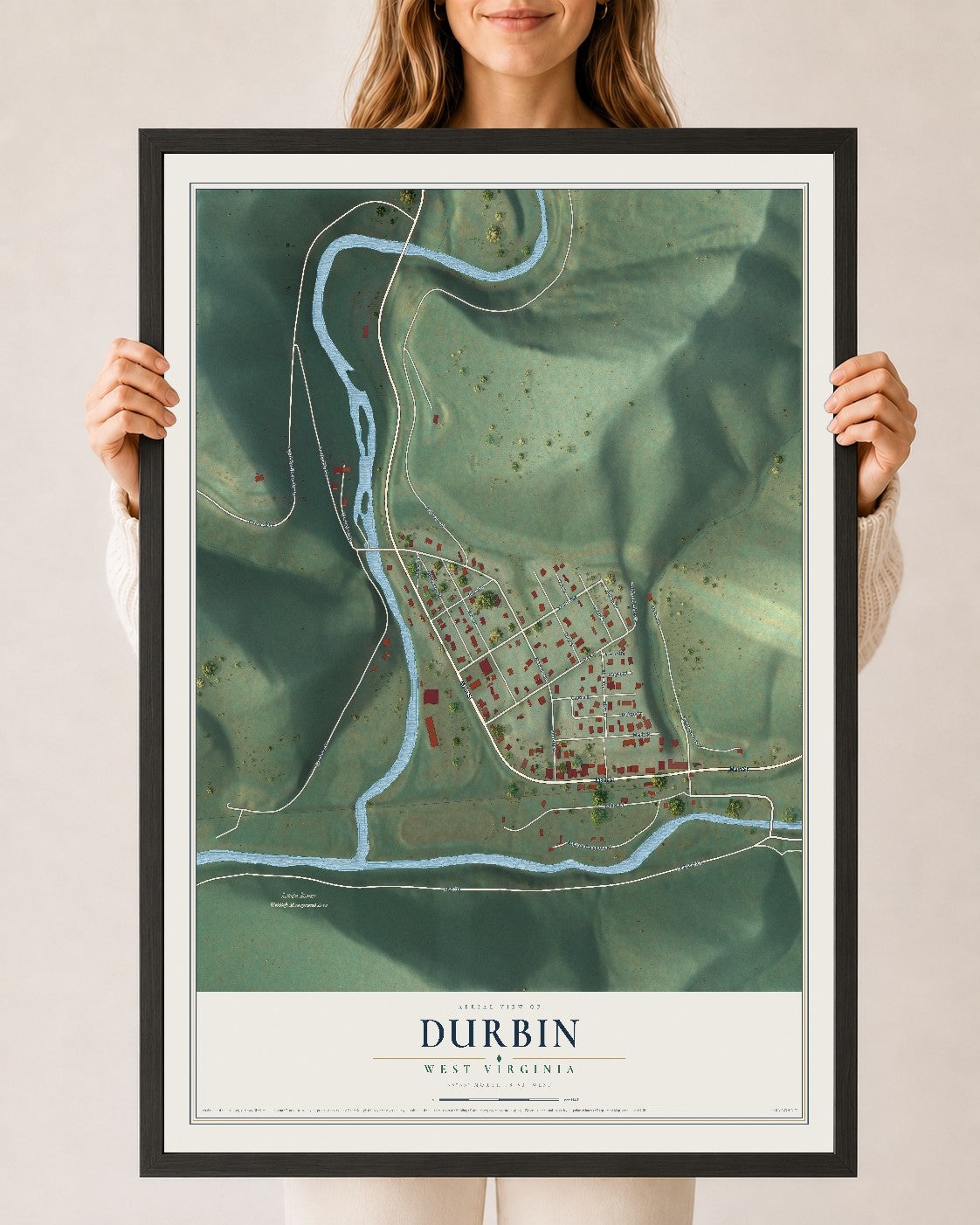 Map of Durbin, West Virginia, 24 x 36 inch print in a black wood frame