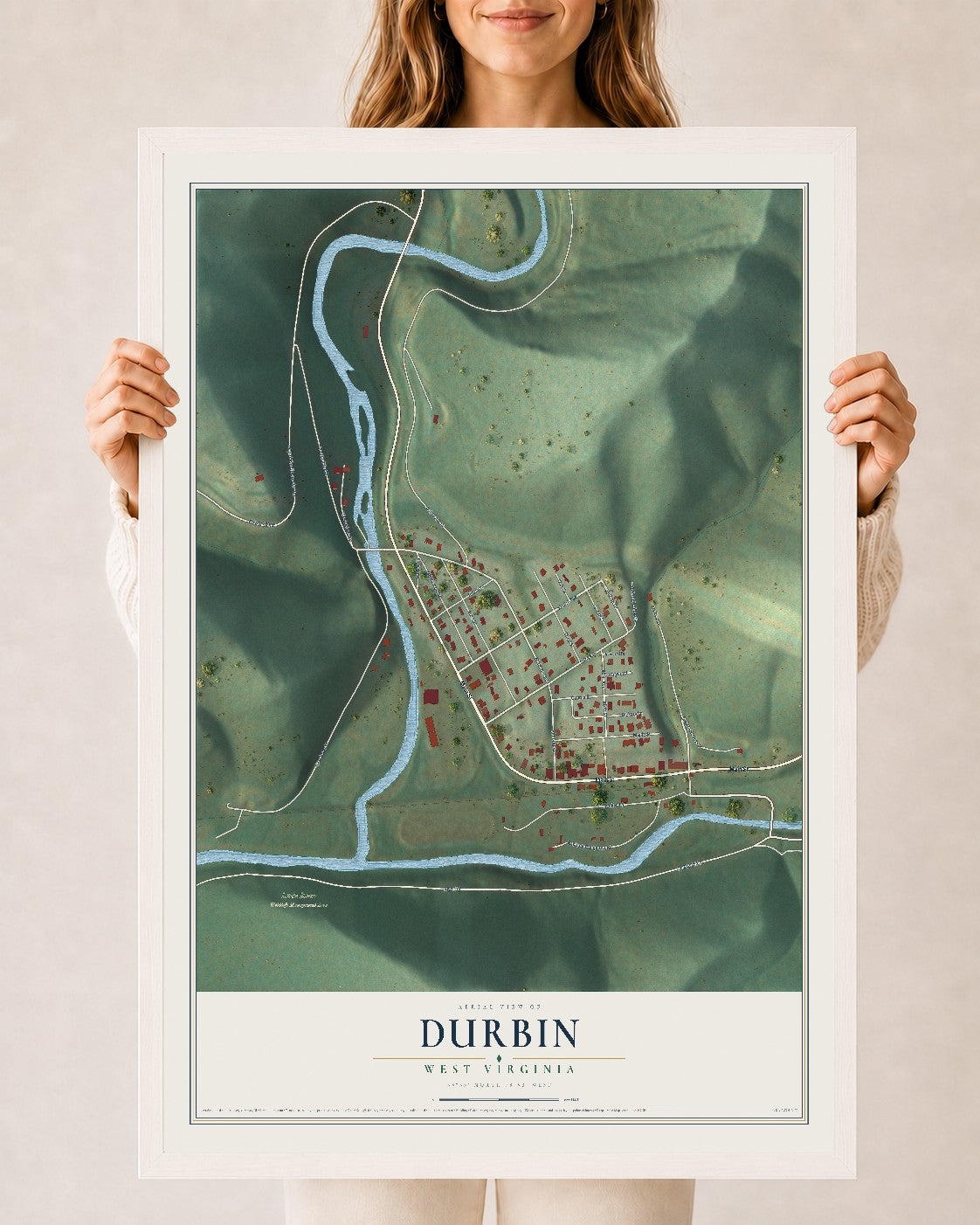 Map of Durbin, West Virginia, 24 x 36 inch print in a white wood frame