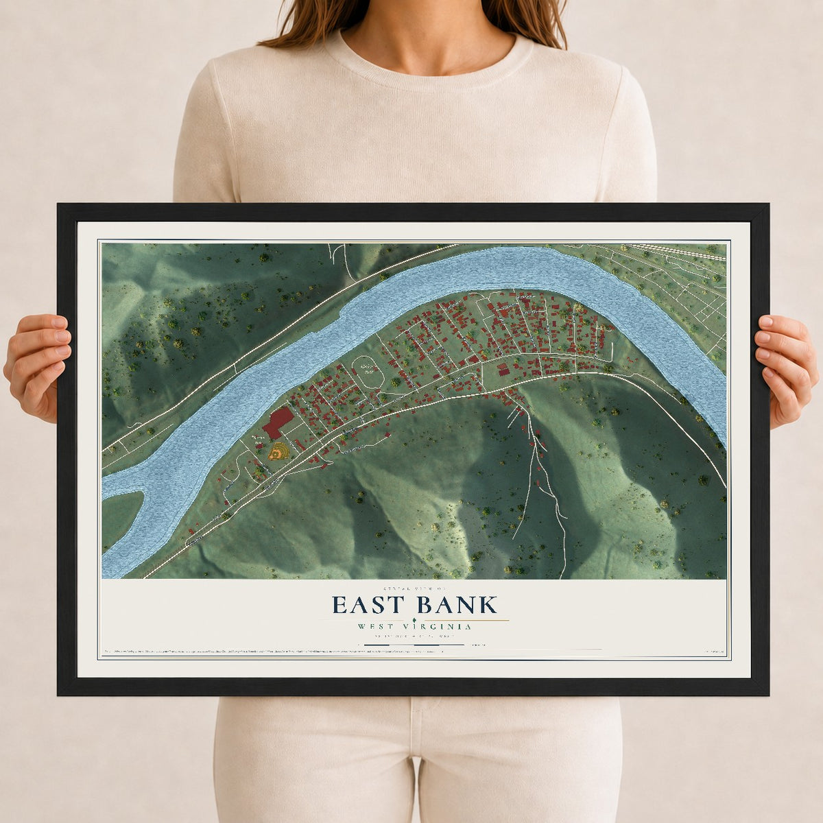 Map of East Bank, West Virginia, 12 x 18 inch print in a black wood frame
