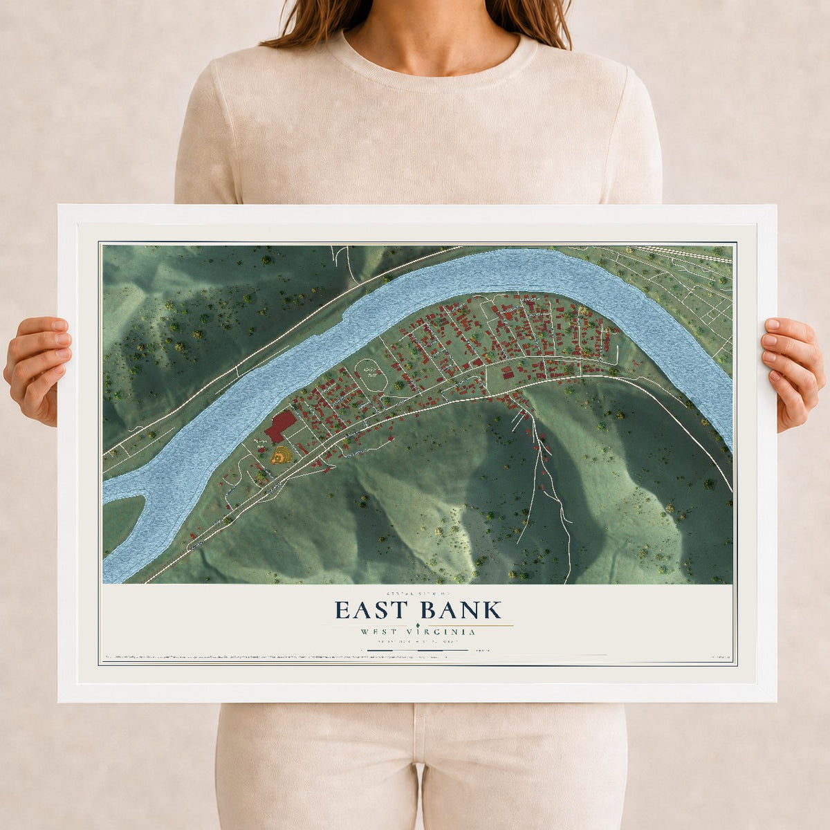 Map of East Bank, West Virginia, 12 x 18 inch print in a white wood frame