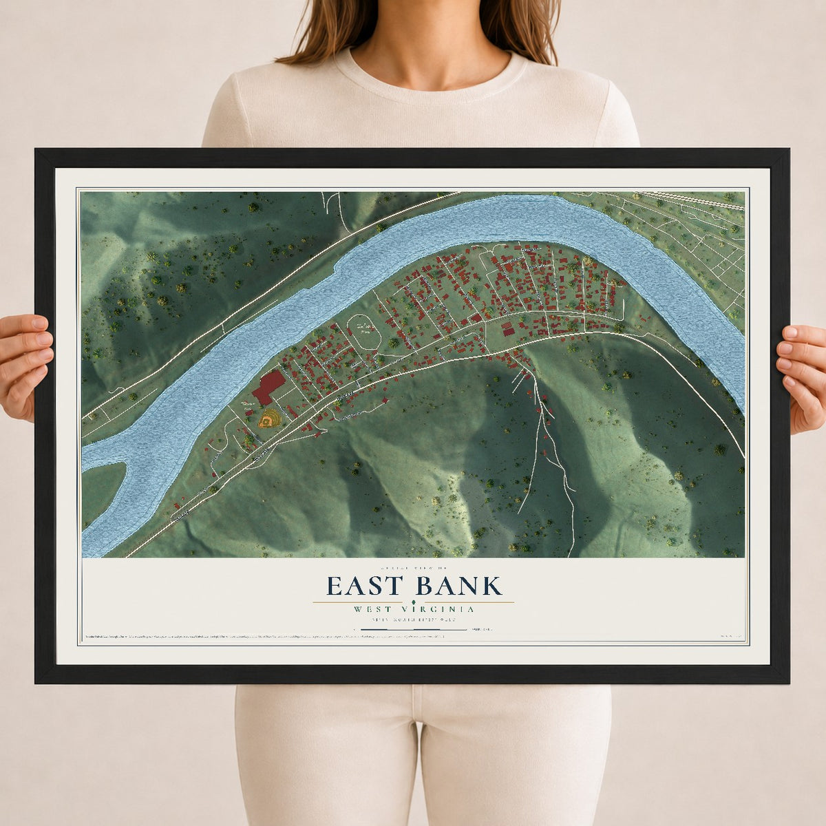 Map of East Bank, West Virginia, 18 x 24 inch print in a black wood frame