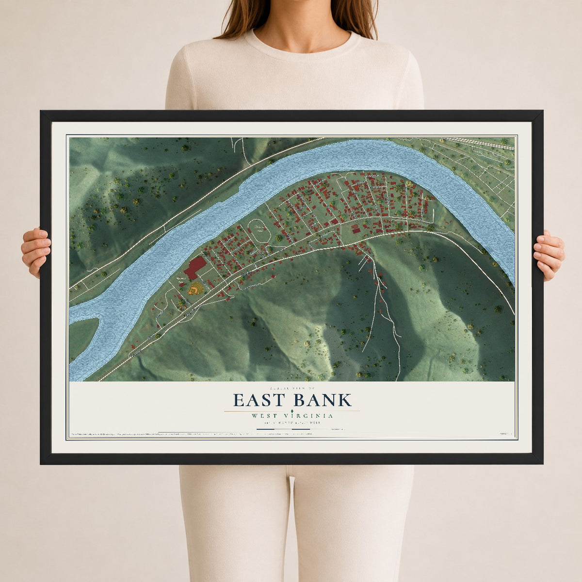 Map of East Bank, West Virginia, 24 x 36 inch print in a black wood frame