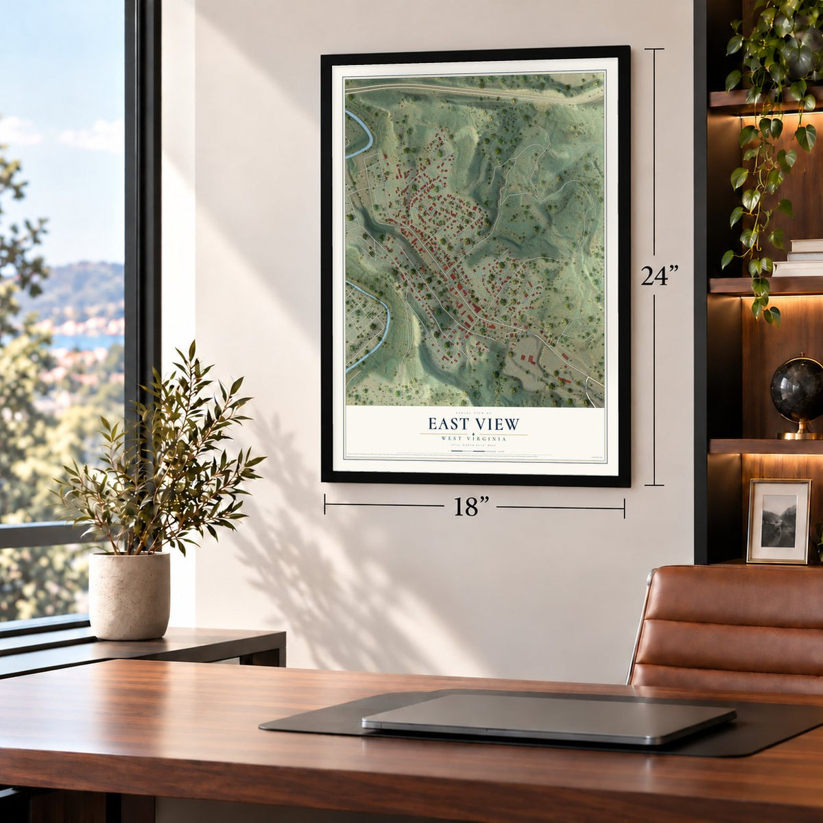 East View, West Virginia map, 18 x 24 inch print in a black frame in a home office