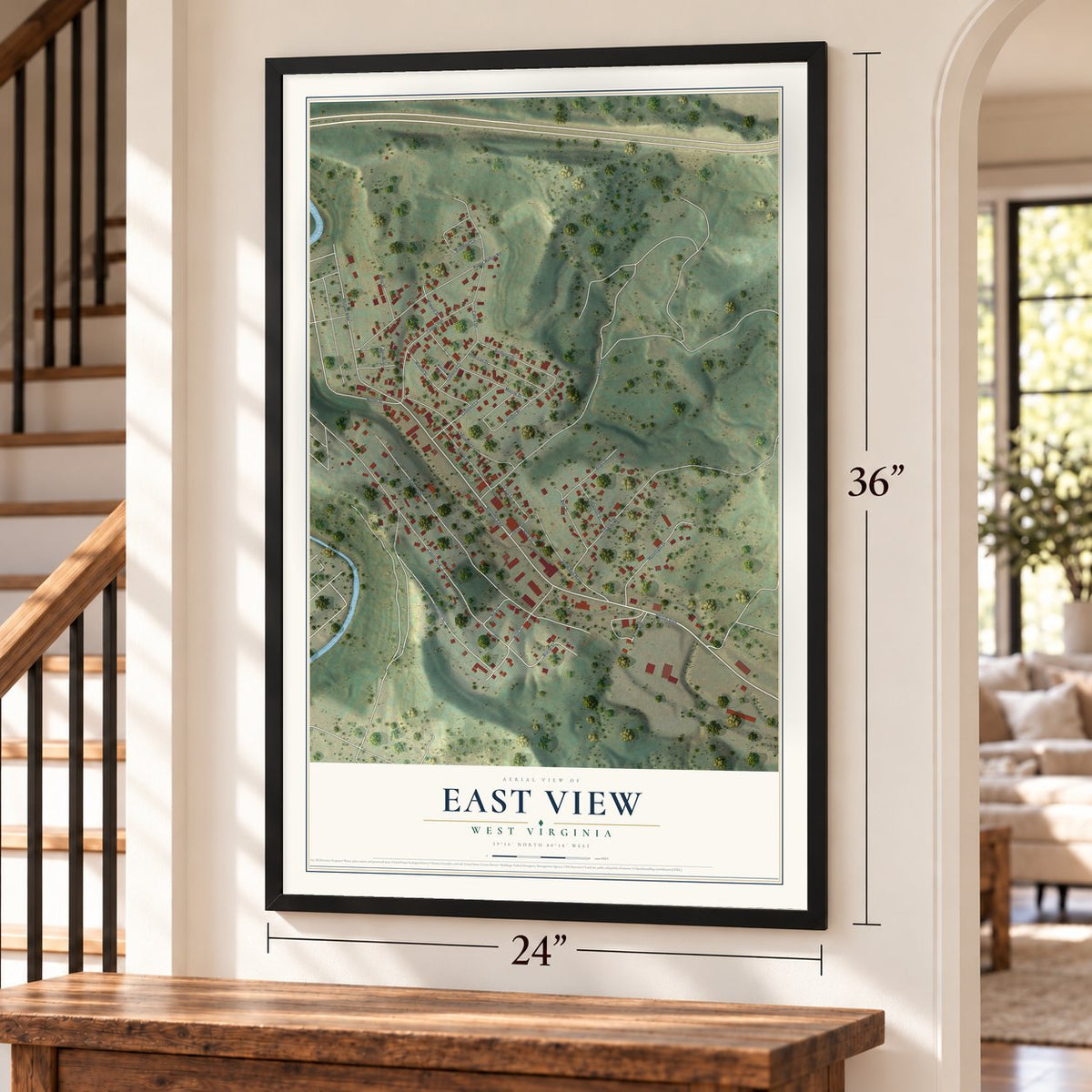 East View, West Virginia map, 24 x 36 inch print in a black frame by a staircase