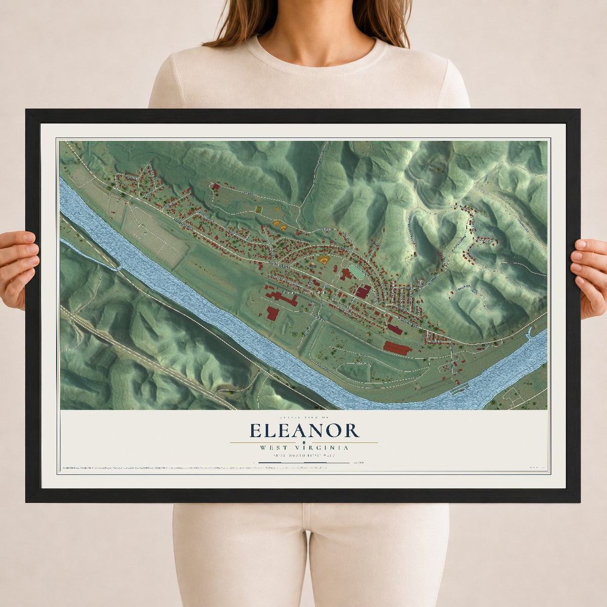 Map of Eleanor, West Virginia, 18 x 24 inch print in a black wood frame