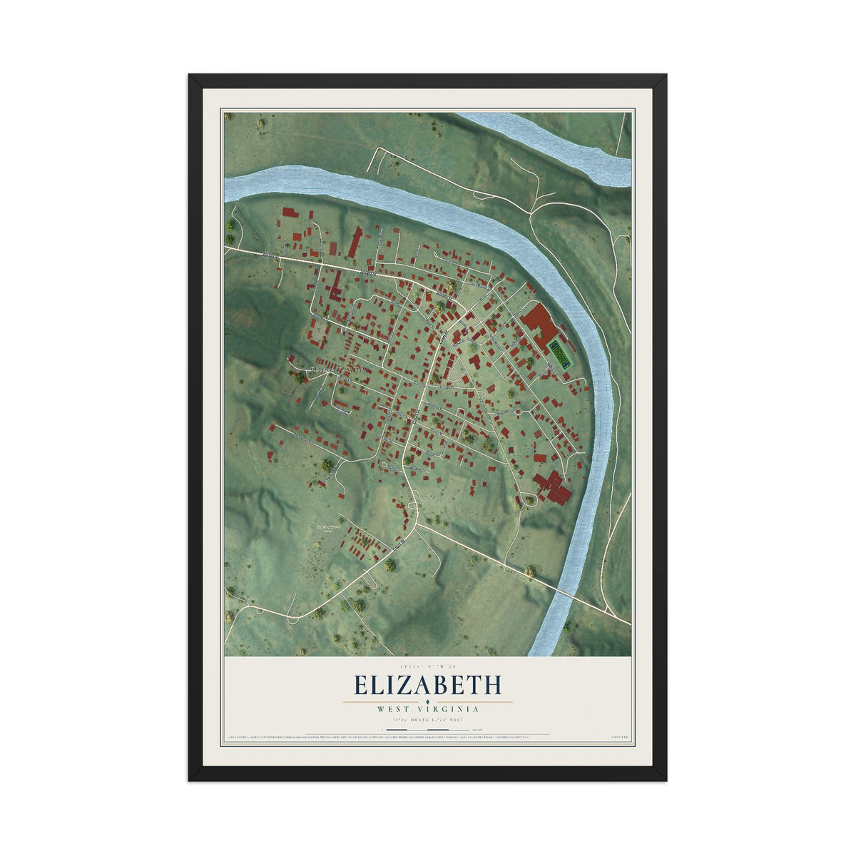 Map of Elizabeth, West Virginia, 12 x 18 inch print in a black wood frame