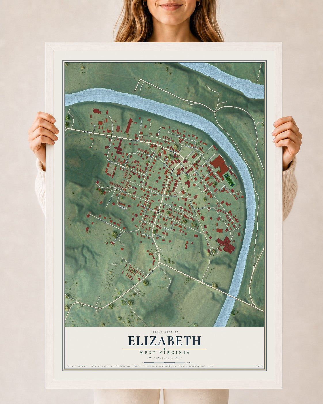 Map of Elizabeth, West Virginia, 24 x 36 inch print in a white wood frame