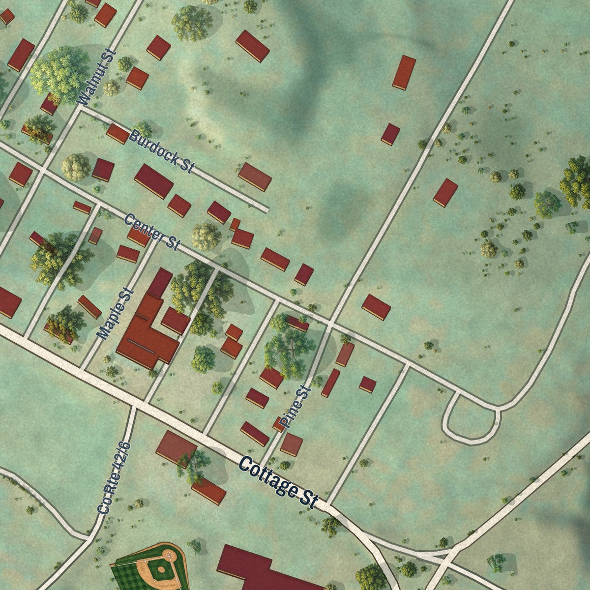 Close-up of the map of Elk Garden, West Virginia print showing street and building detail