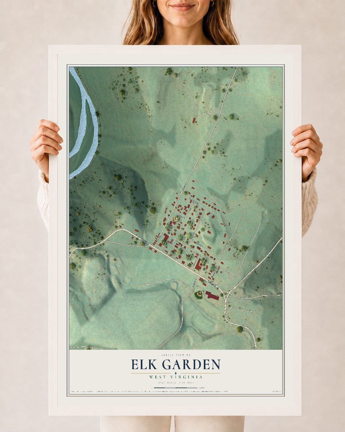 Map of Elk Garden, West Virginia, 24 x 36 inch print in a white wood frame