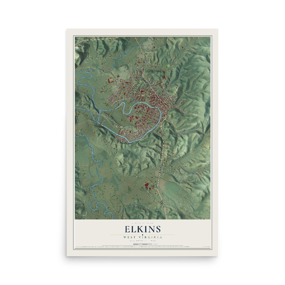 Map of Elkins, West Virginia, 12 x 18 inch unframed archival matte print