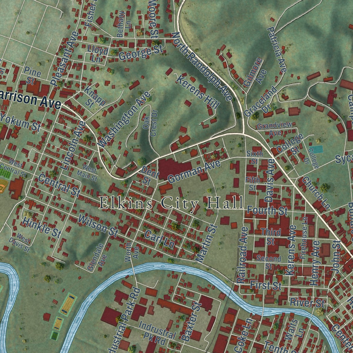 Close-up of the map of Elkins, West Virginia print showing street and building detail