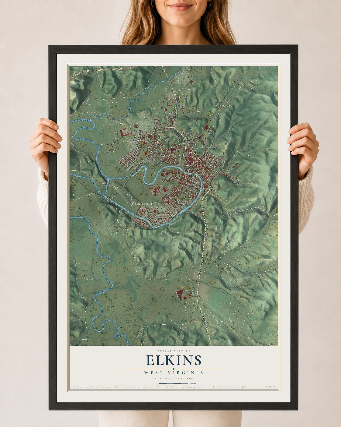 Map of Elkins, West Virginia, 24 x 36 inch print in a black wood frame