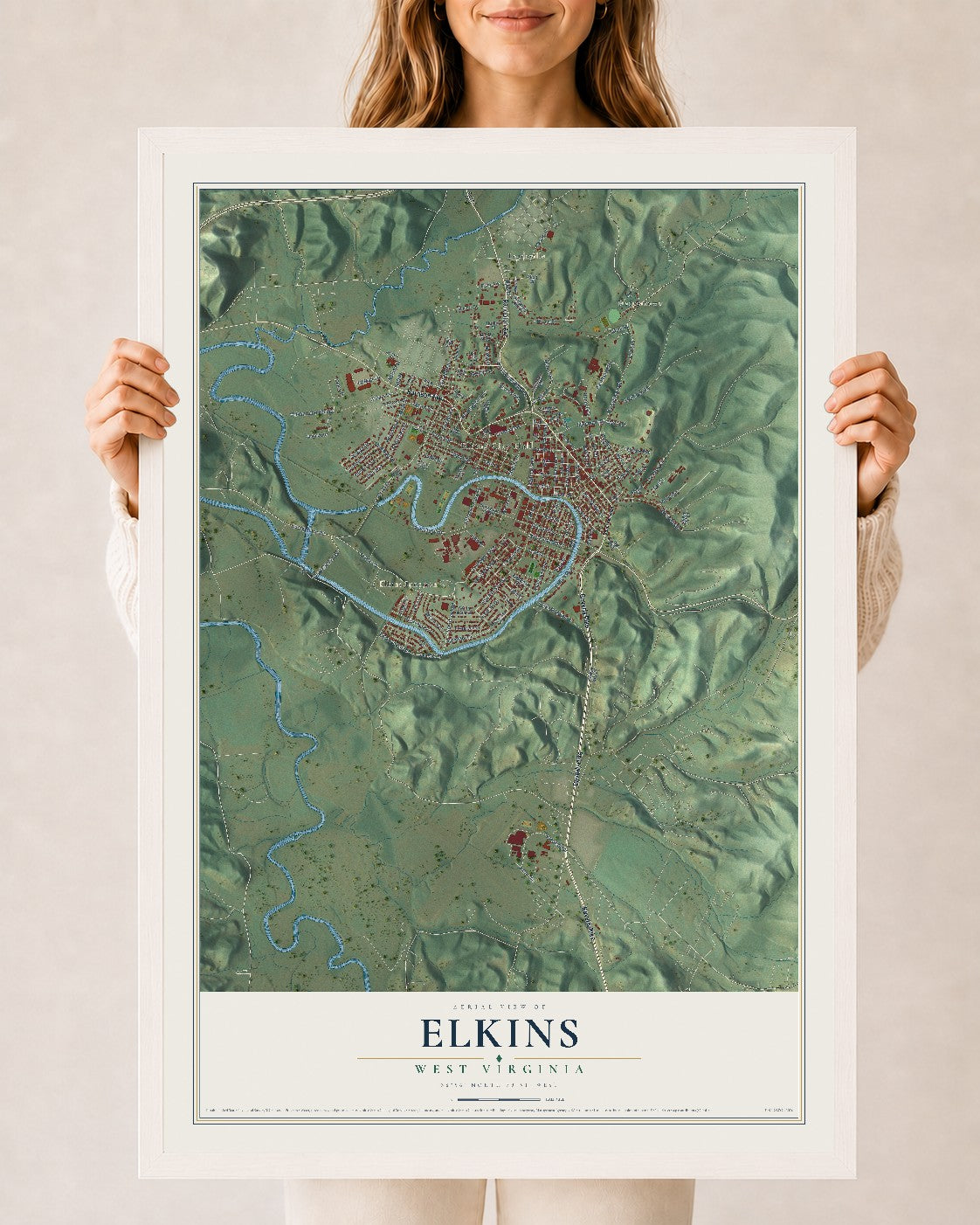 Map of Elkins, West Virginia, 24 x 36 inch print in a white wood frame