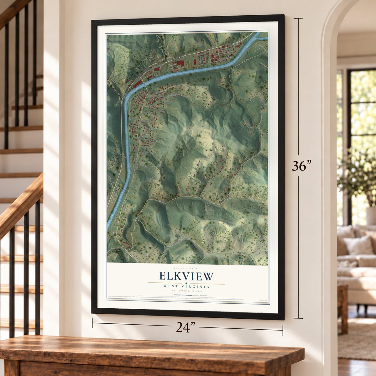 Elkview, West Virginia map, 24 x 36 inch print in a black frame by a staircase