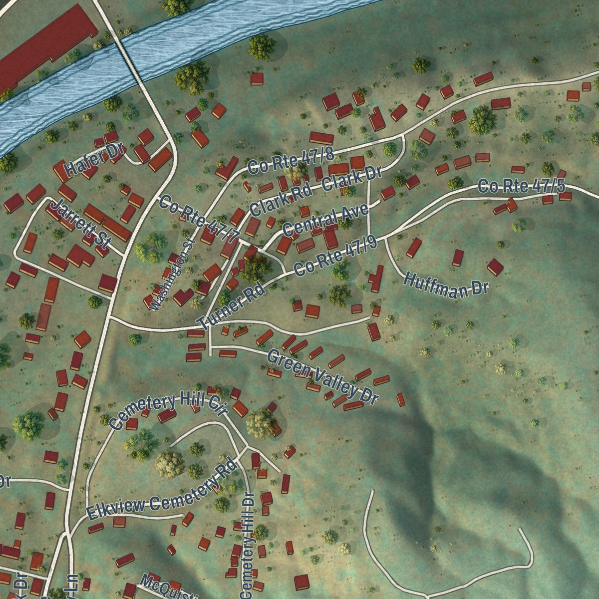 Close-up of the map of Elkview, West Virginia print showing street and building detail