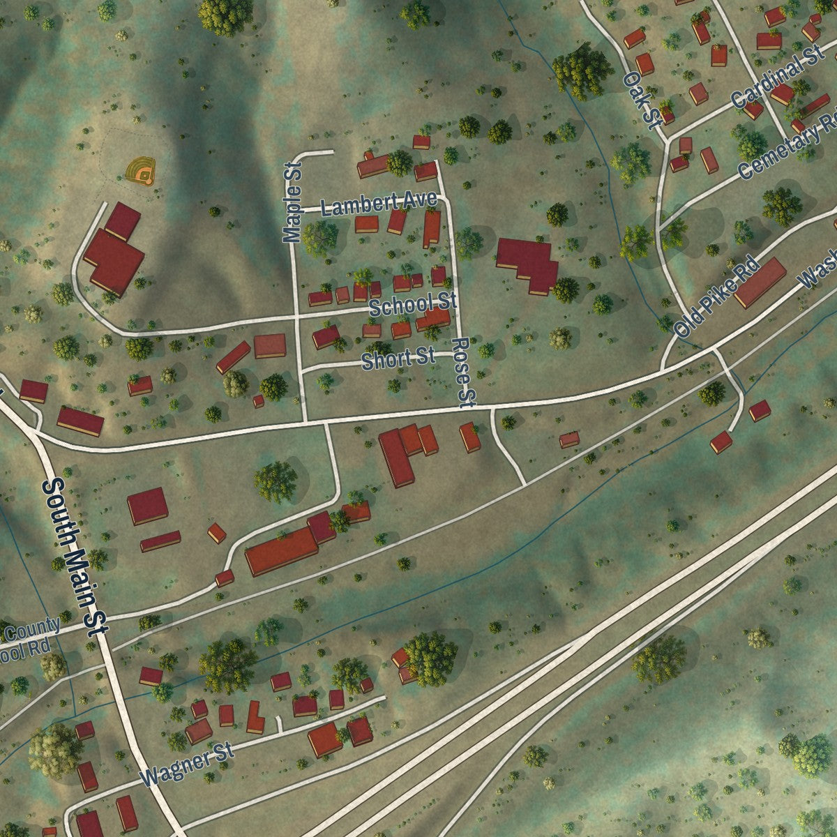 Close-up of the map of Ellenboro, West Virginia print showing street and building detail