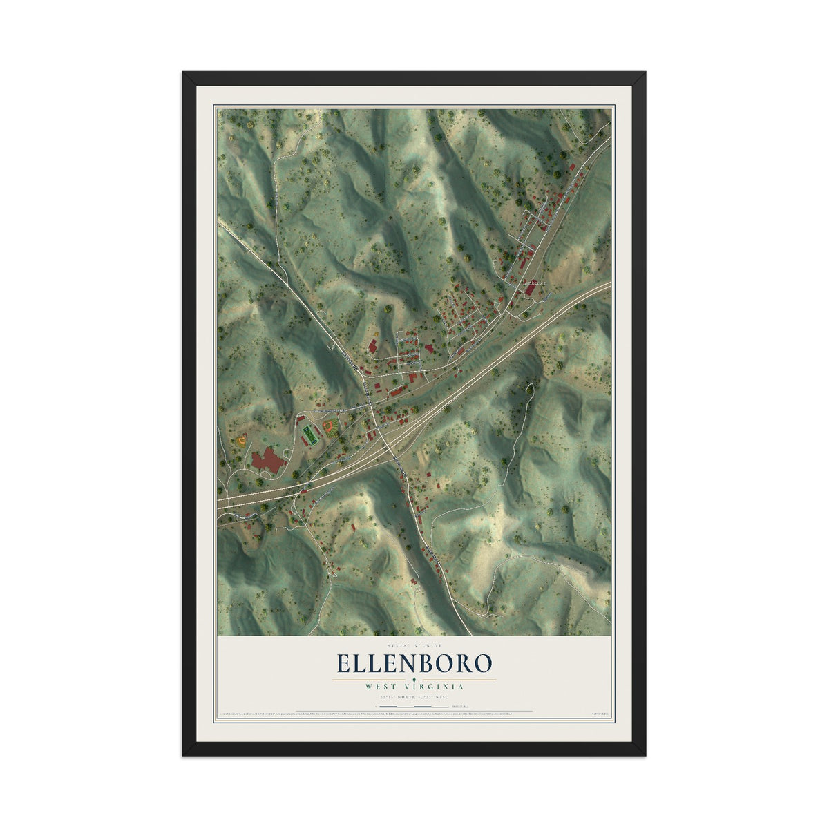 Map of Ellenboro, West Virginia, 12 x 18 inch print in a black wood frame